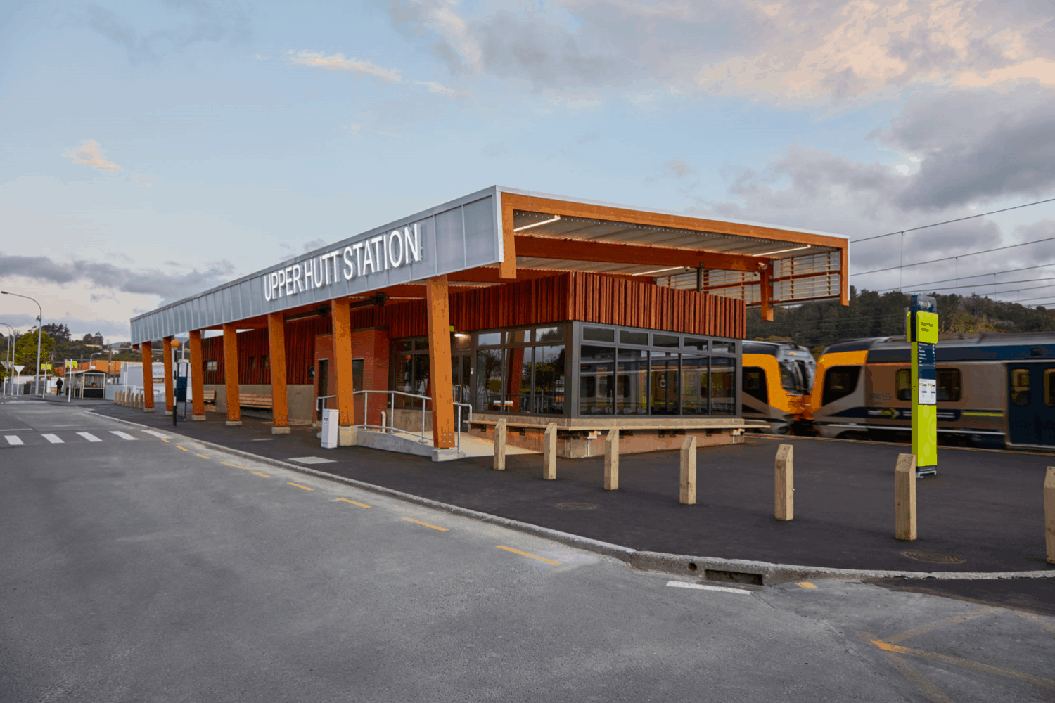Railway Station public sector Upper Hutt Wellington exterior design with train in station