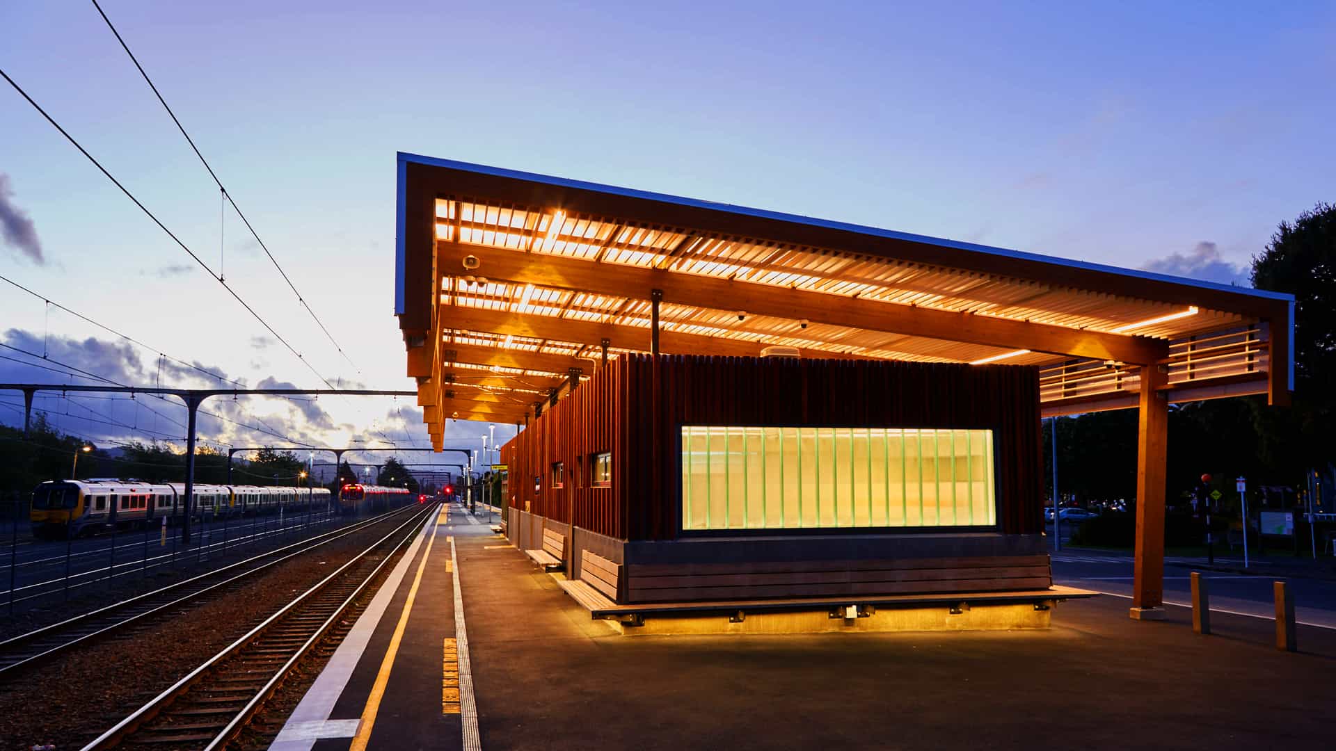 Railway Station public sector Upper Hutt Wellington exterior design with lights on at night