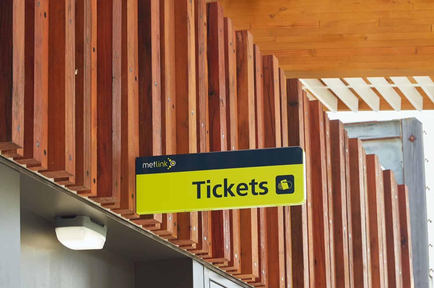 Railway Station public sector Upper Hutt Wellington closeup of the wooden structure design and a tickets sign